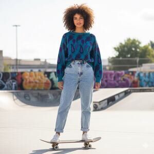 Vintage Steve’s Stuff Acrylic Sweater • Retro Paisley Teal & Purple • USA • XS